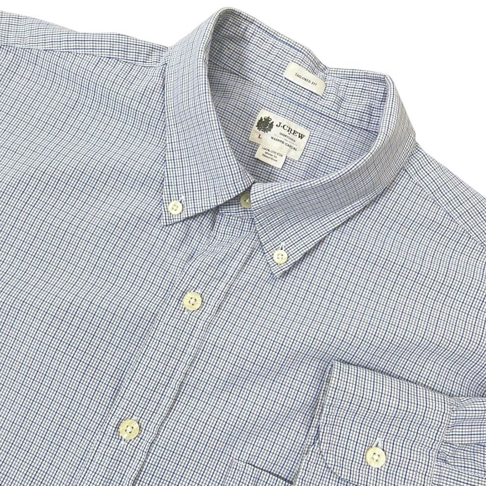 Vintage J.Crew Shirtings Men Washed Shirt L Blue Micro Check Tailored Fit 90s